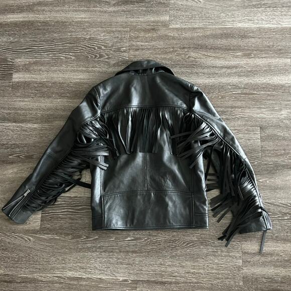 ASOS Black Leather Fringe Moto Jacket Small Real Leather Western Biker Statement - Picture 14 of 16